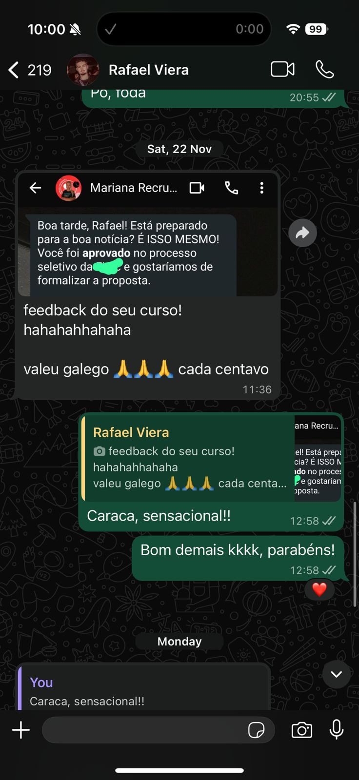 Print de depoimento de aluno
